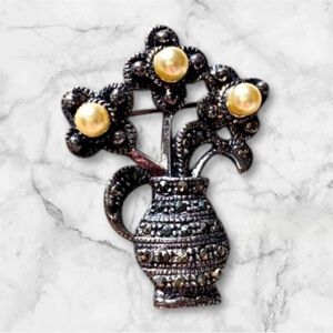 Marcasite and Pearl Brooch, .925 Sterling Silver Vintage